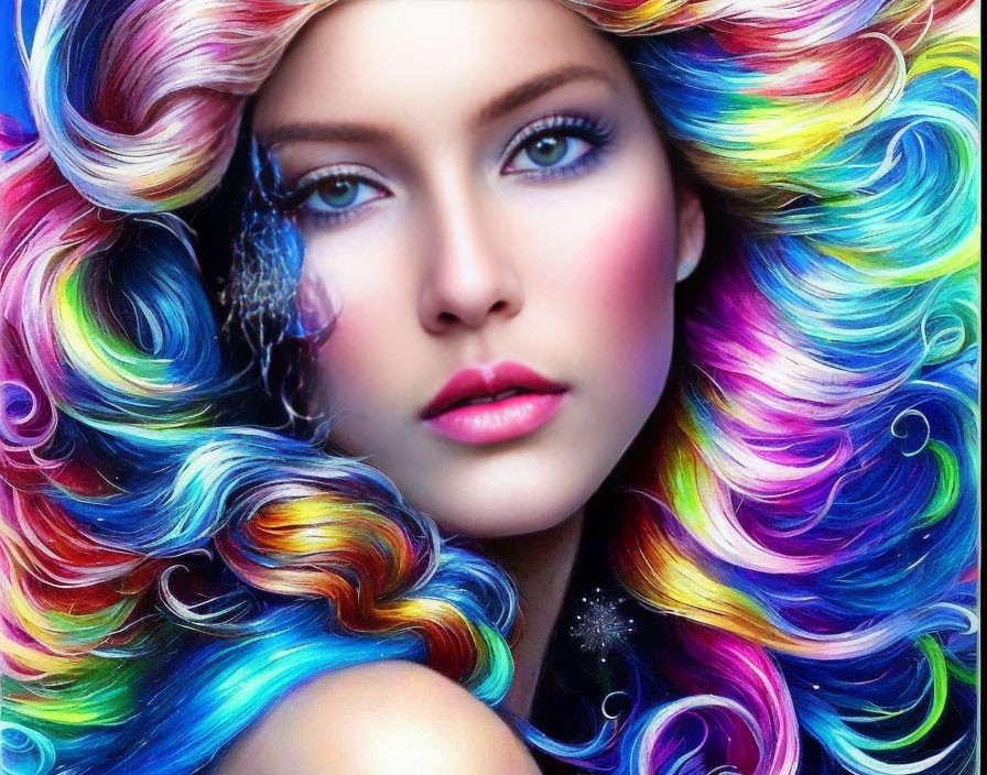 Multicolored Curly Hair and Striking Blue Eyes with Pink Makeup