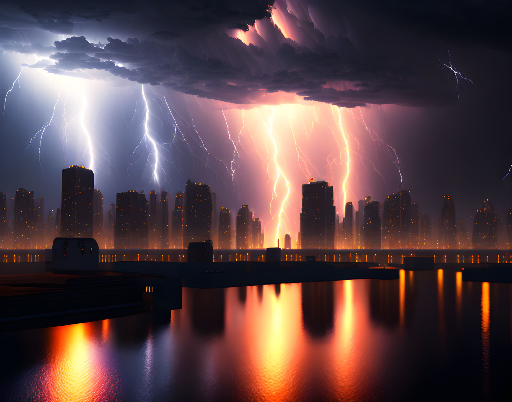 City skyline at night with lightning strikes reflecting on water