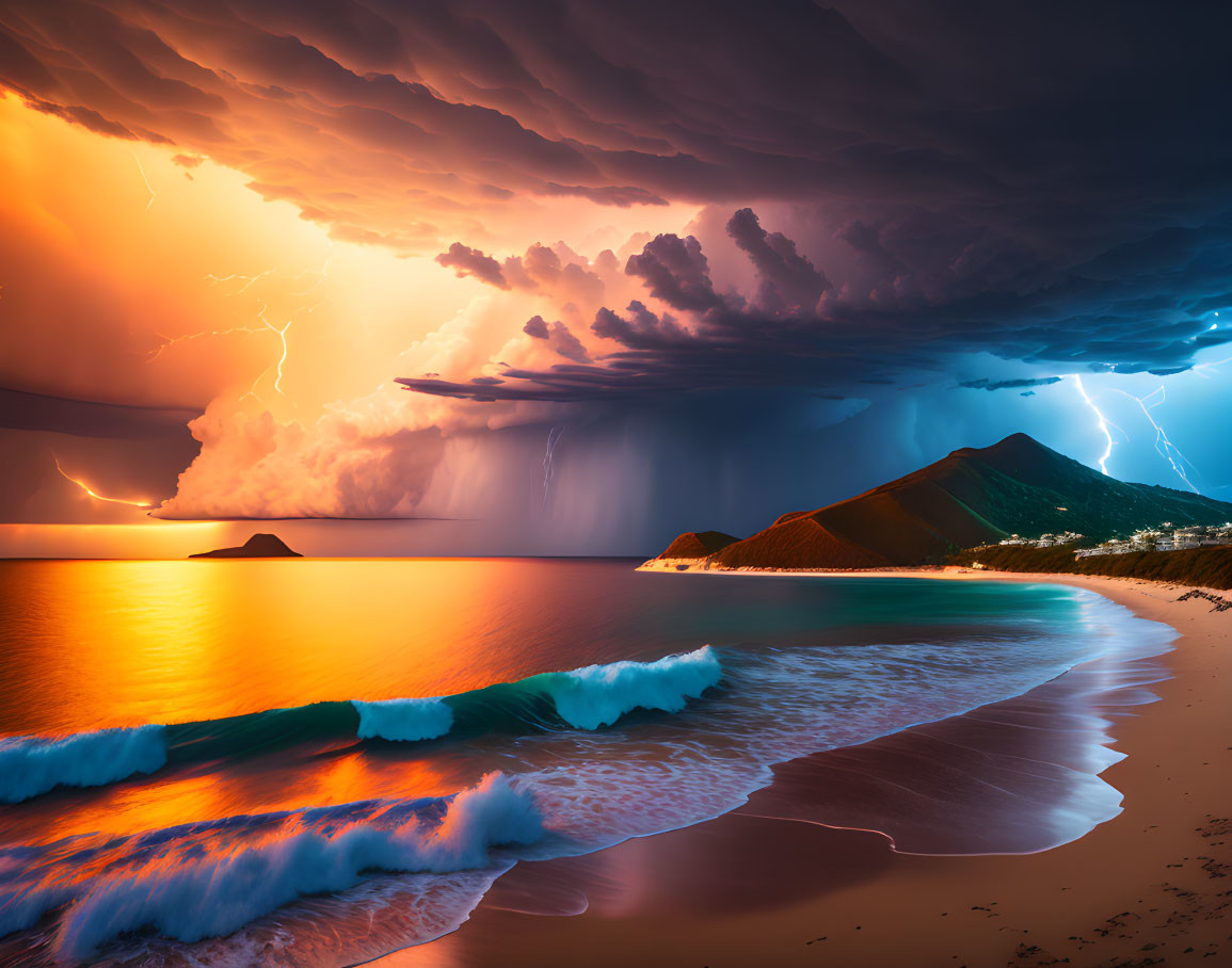 Stormy Seascape with Lightning Bolts and Sunset Reflection