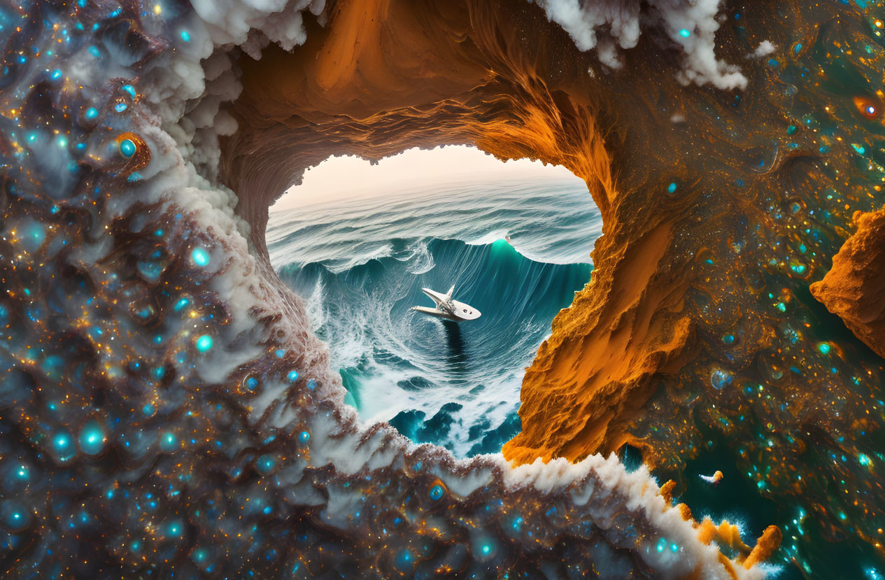 Surfer riding wave in surreal geological formation with glowing blue orbs