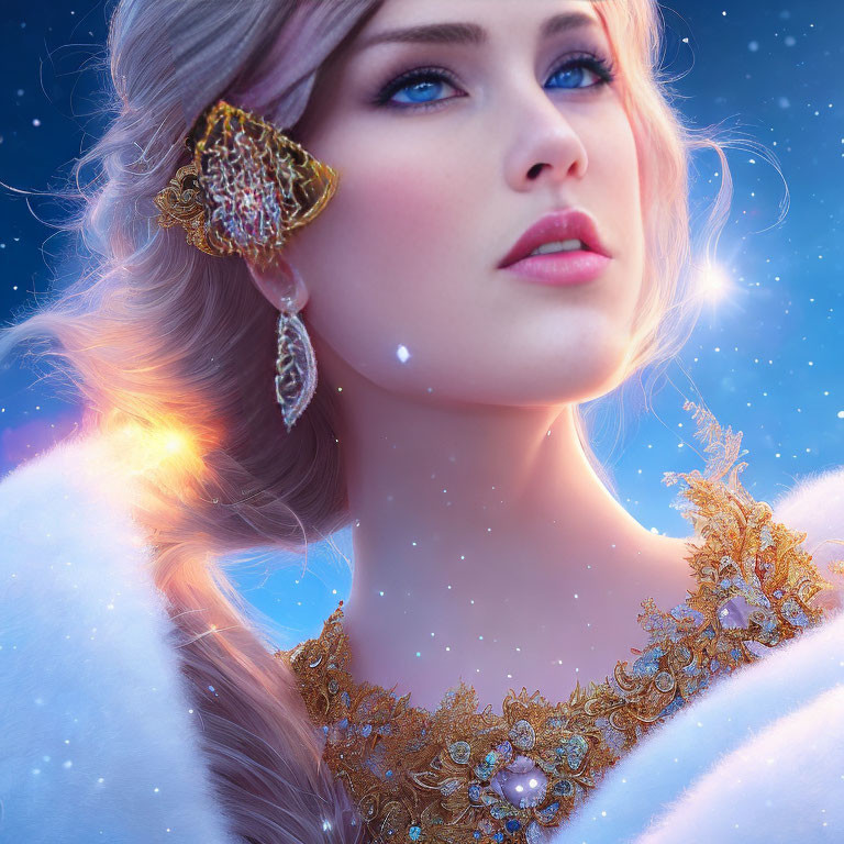 Ethereal woman with golden earring in celestial setting