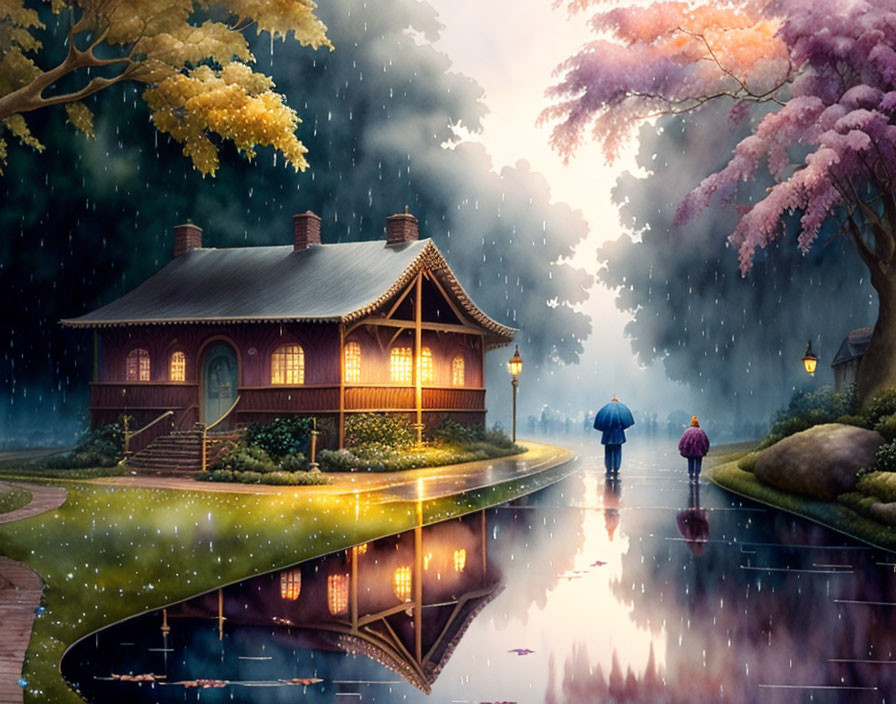 Idyllic house reflected in rain-slick path with glowing trees and two people under umbrellas