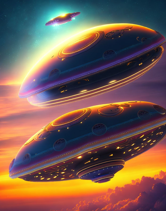 Ornate futuristic spacecrafts in sunset sky with distant ship