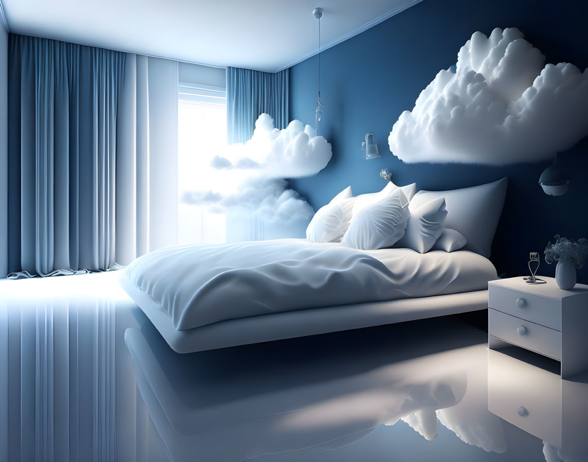 Surreal bedroom with cloud theme and serene blue sky palette