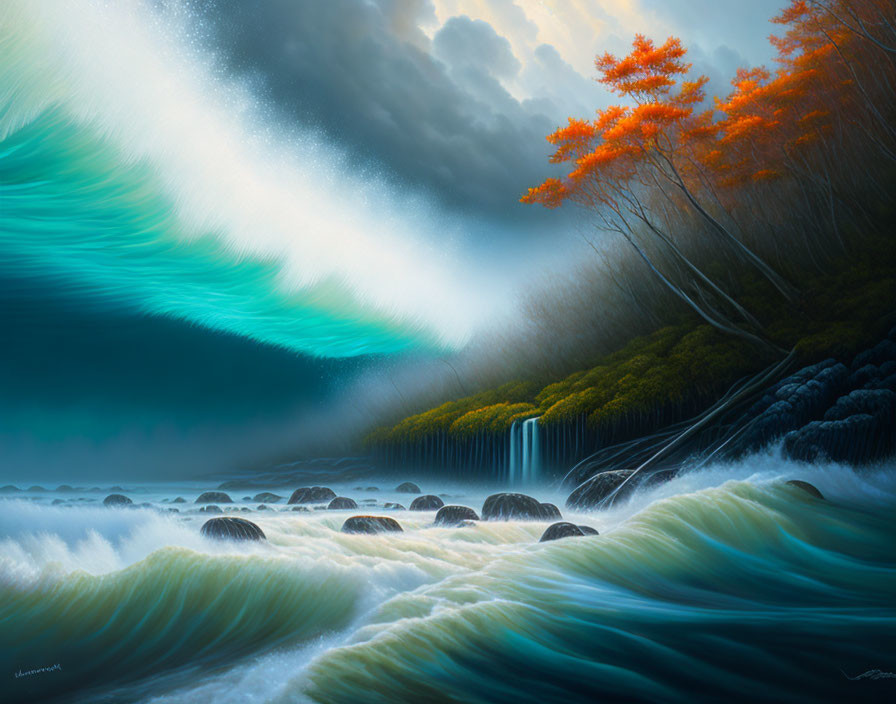 Vivid landscape with teal waves, waterfall, rocks, and orange tree under stormy sky