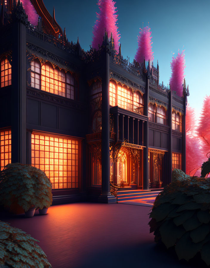 Glowing windows illuminate elaborate building in twilight setting with pink trees