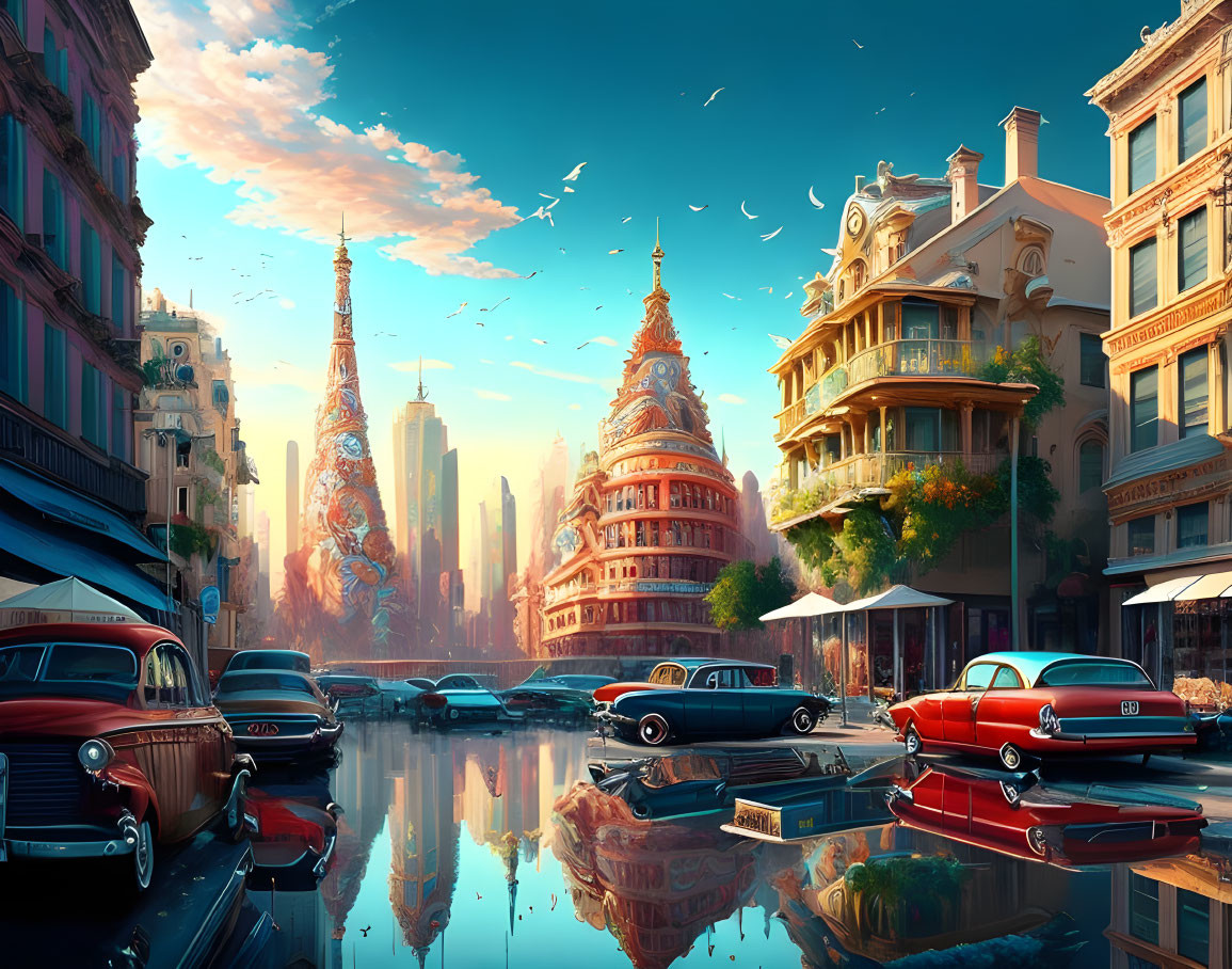 Colorful retro-futuristic cityscape with classic cars, ornate buildings, and birds under a