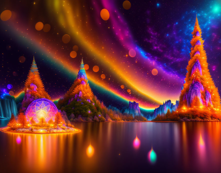 Colorful Fantasy Landscape with Glowing Trees and Dome Structure