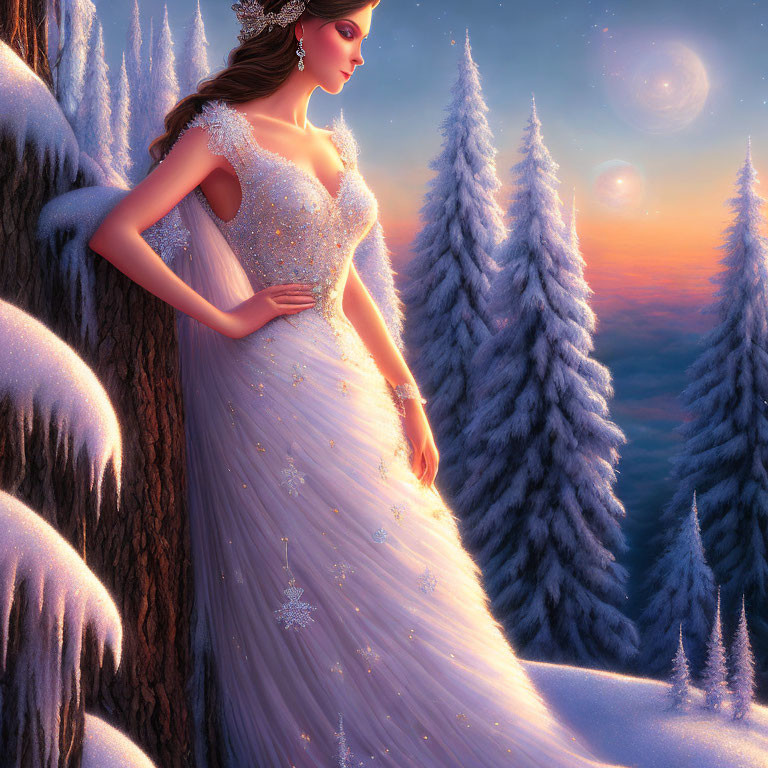 Woman in sparkling gown in snowy enchanted forest at twilight