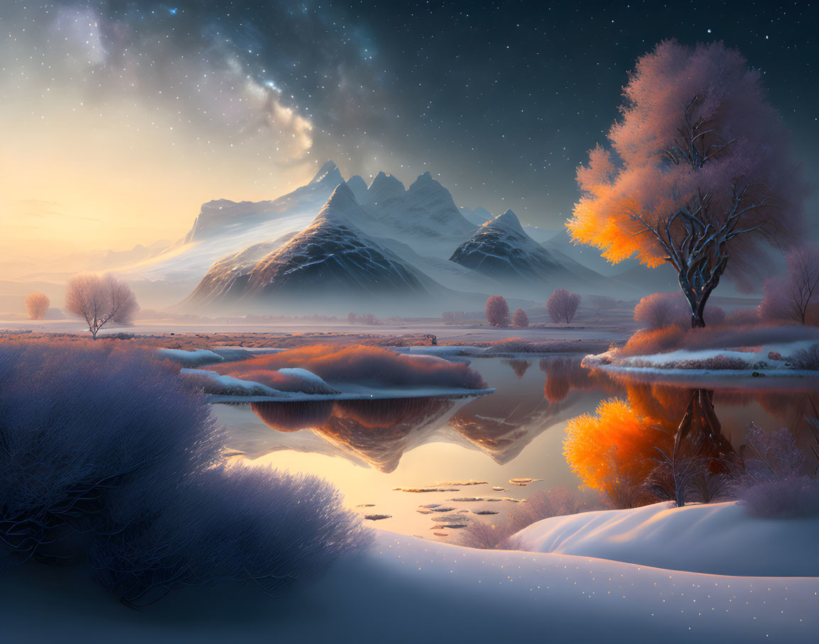 Snow-covered winter landscape with lake, autumn trees, starry sky, and mountains