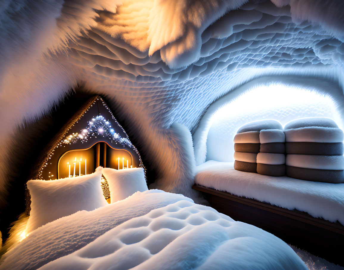 Snow cave bedroom with cozy blankets and candles