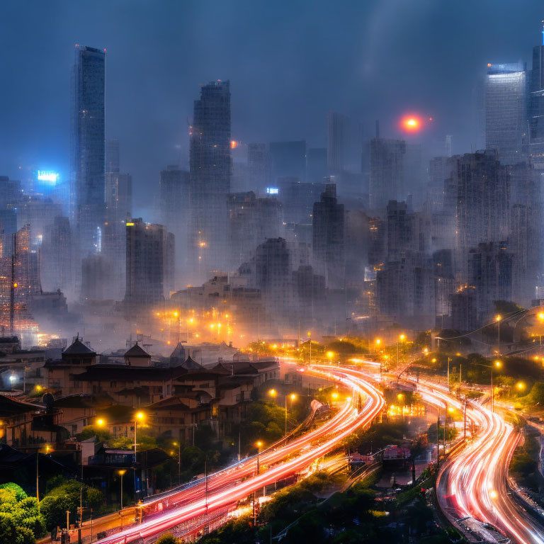 Urban cityscape at dusk: bright lights, streaming traffic, misty tall buildings.