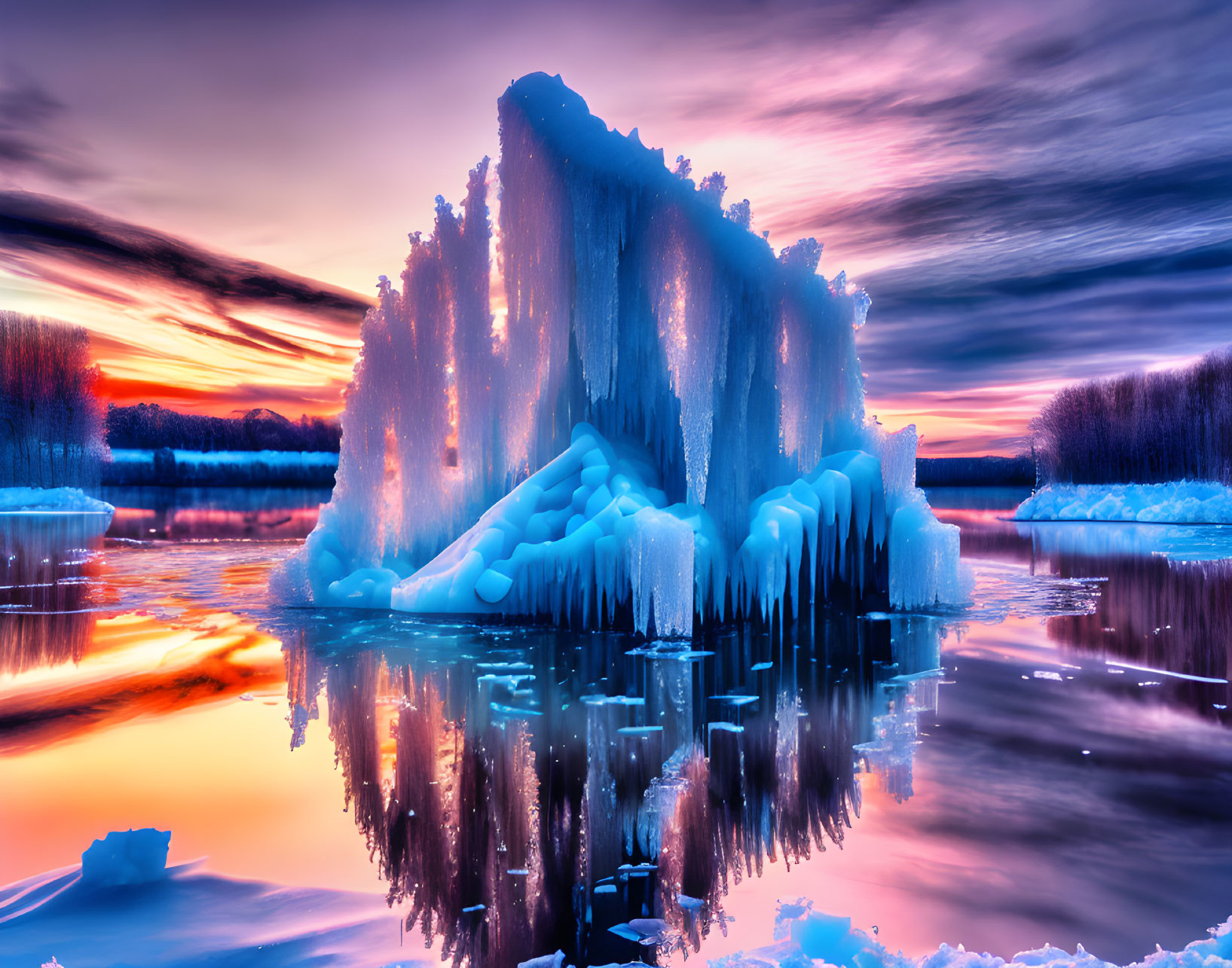 Vivid pink and orange sunset over icy lake with frozen structure