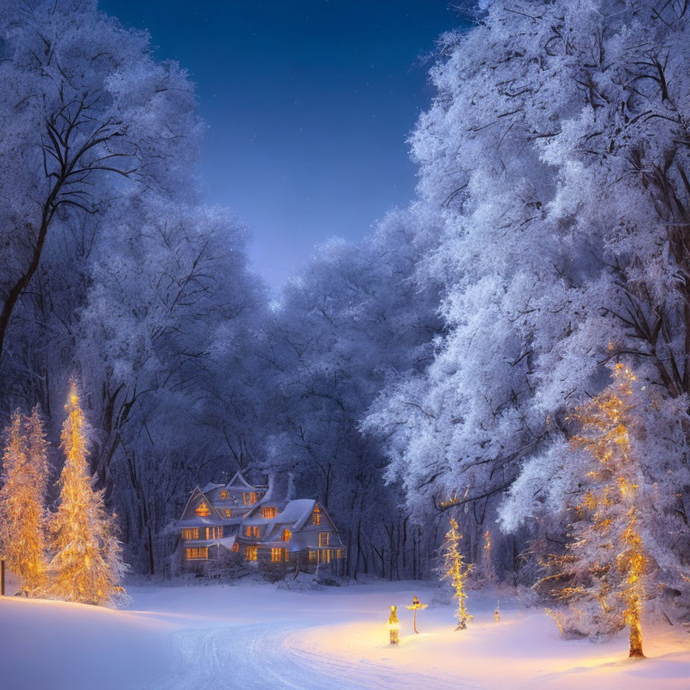 Snow-covered trees and cozy house in serene winter night scene