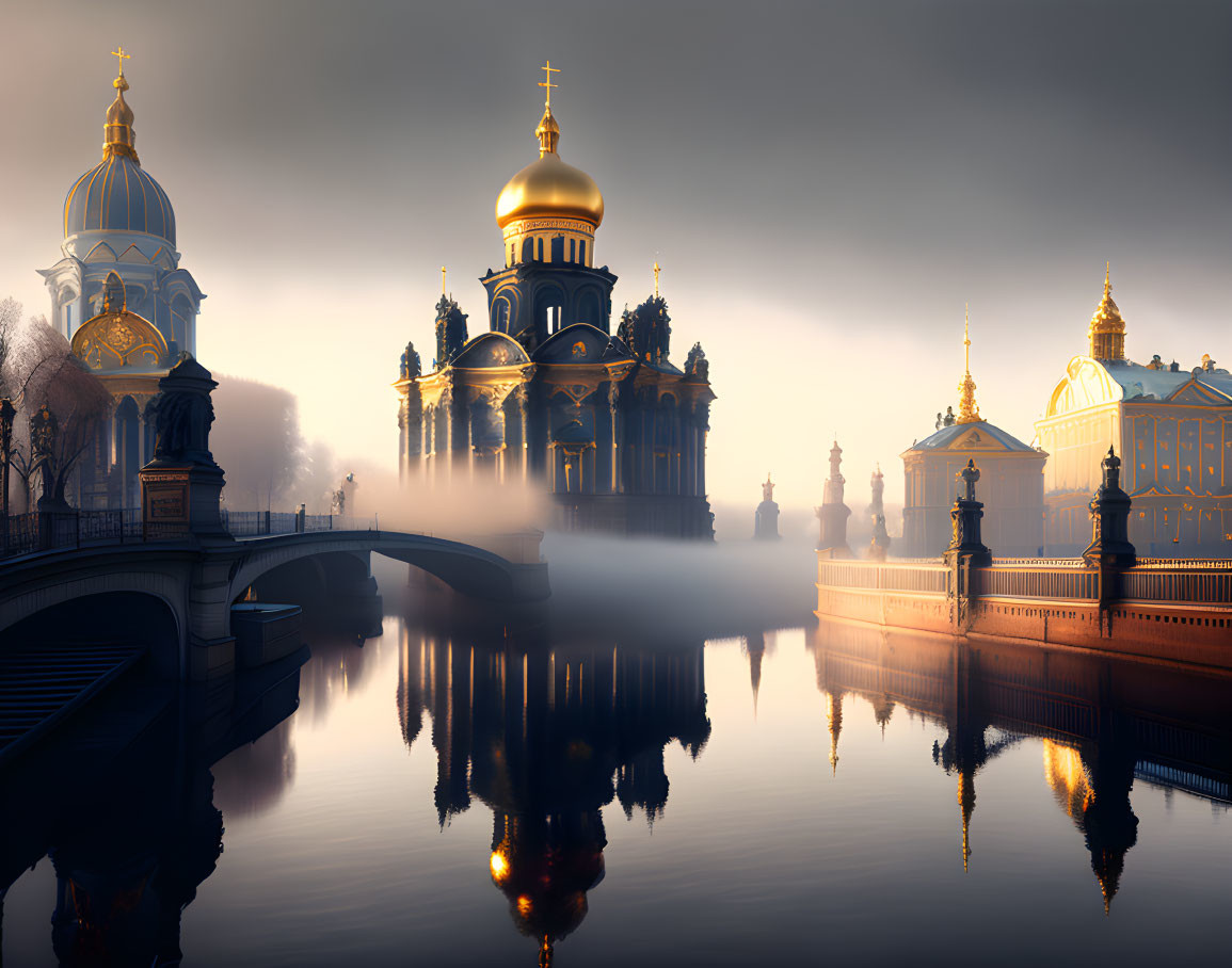 Golden domed cathedral reflected in water with bridge and mist at dawn/dusk