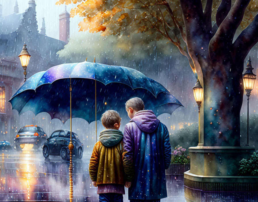 Two people under blue umbrella in rain-soaked street with glowing lamps.