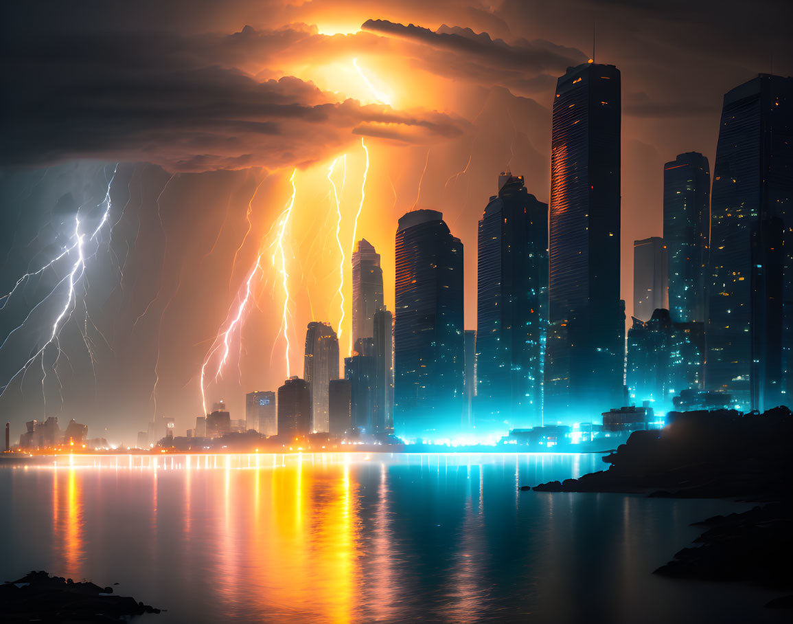 Cityscape at Night with Lightning Bolts Striking Skyscrapers