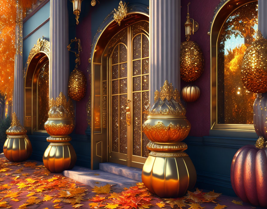 Luxury Autumn-Themed Ornate Doorway with Pumpkins and Orange Leaves