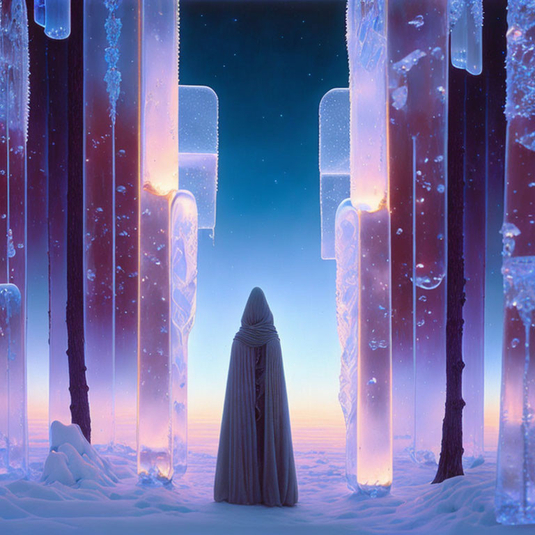 Cloaked Figure Among Glowing Ice Columns at Twilight