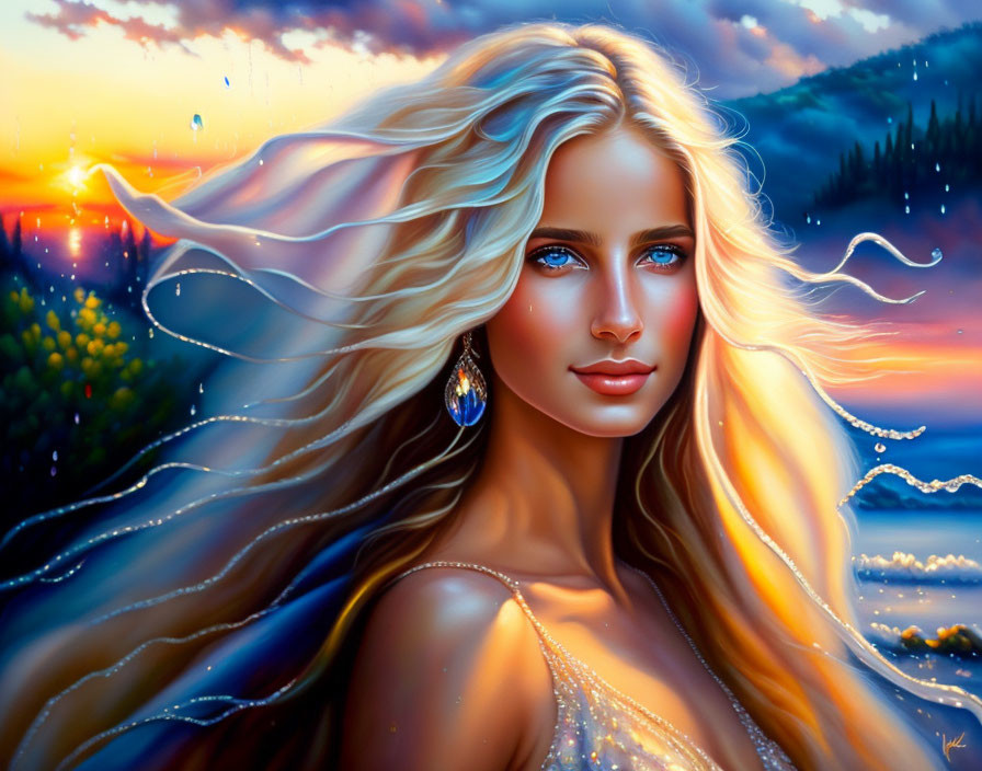 Blonde woman with blue eyes in sunset scene