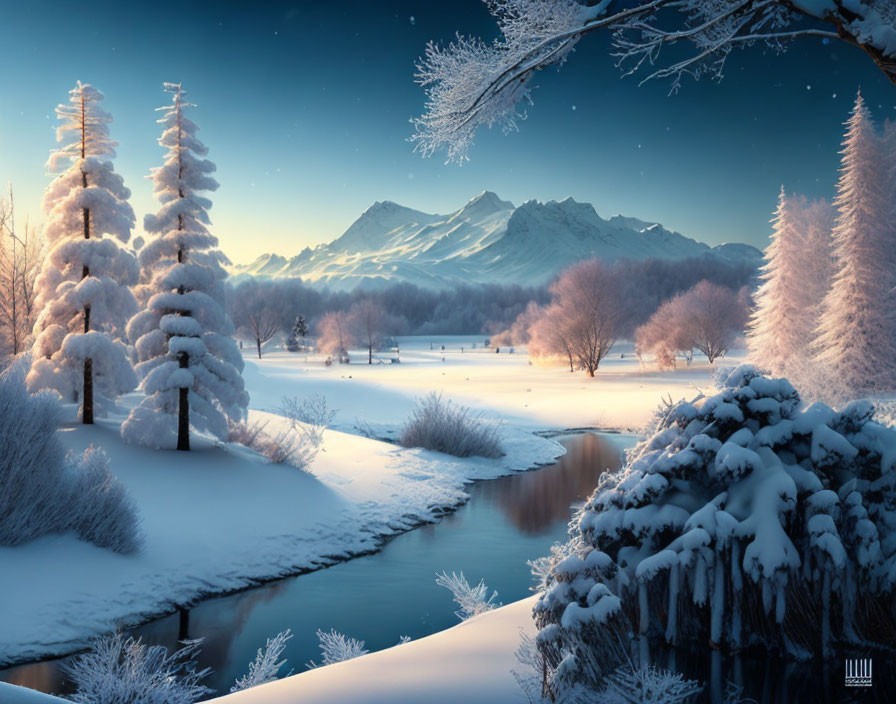 Snow-covered trees, river, mountains under twilight sky