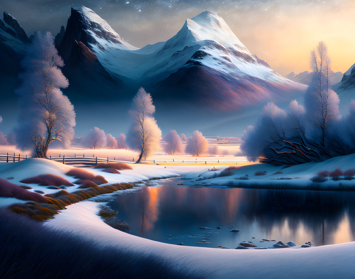 Snowy Peaks and Serene Pond in Tranquil Winter Scene