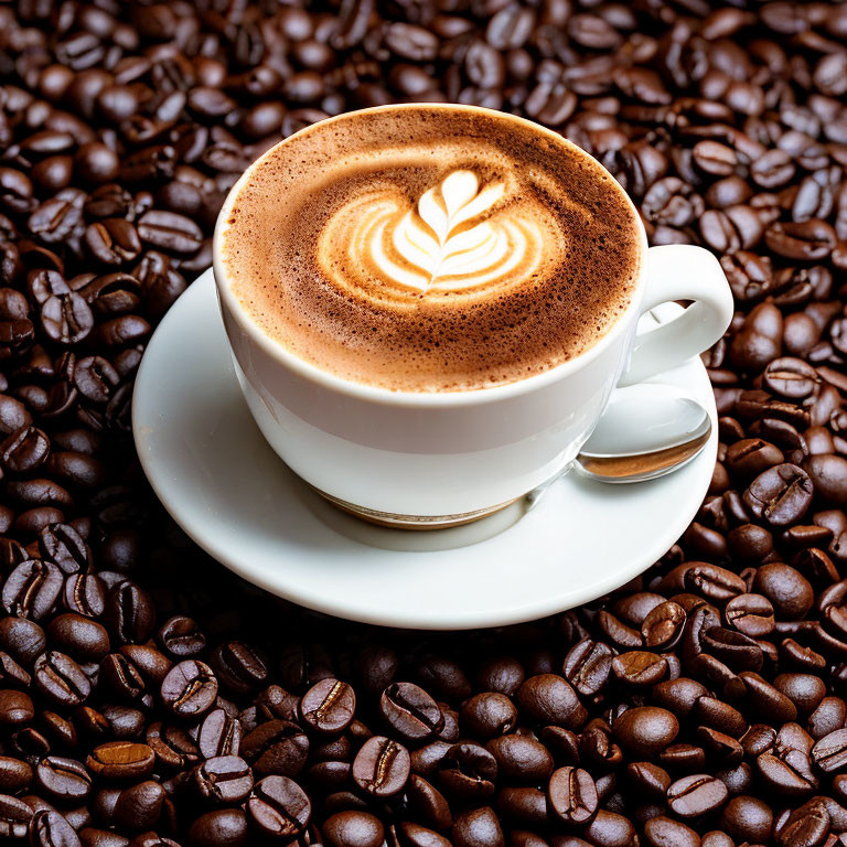 Cappuccino with Latte Art and Coffee Beans on Saucer