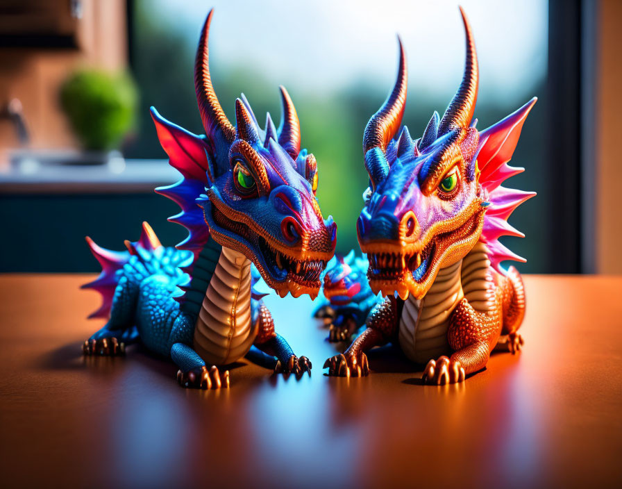 Pair of Blue and Red Dragon Figurines on Wooden Surface