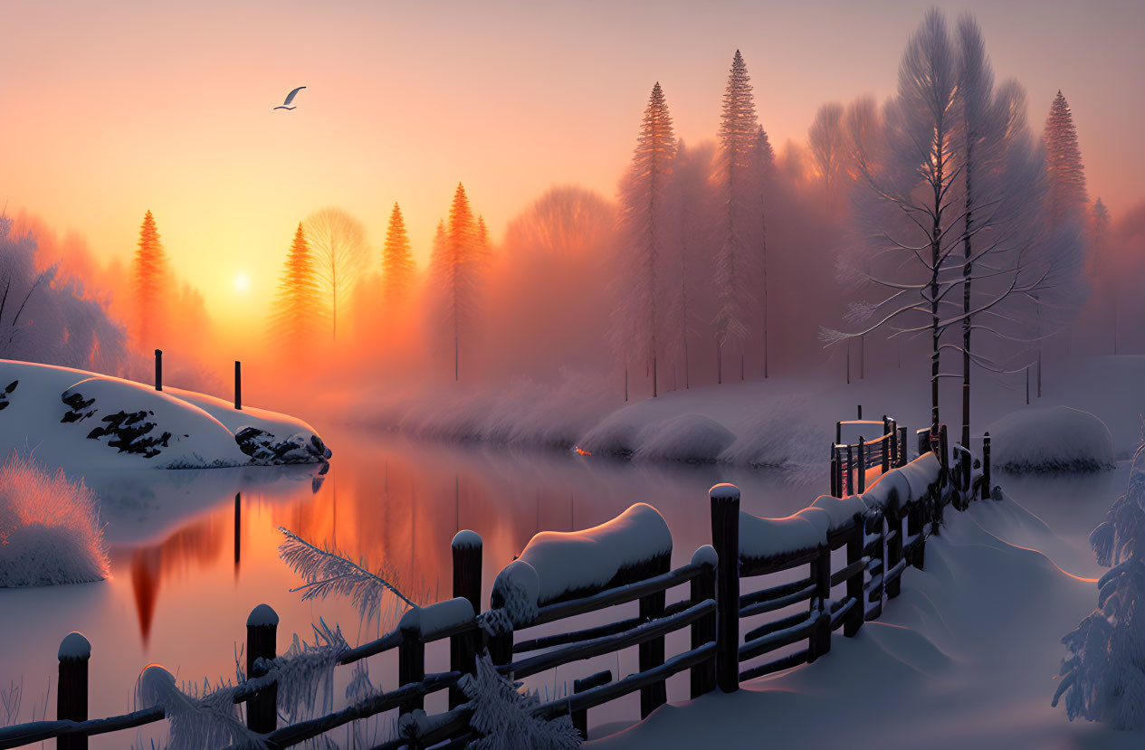 Snow-covered winter landscape with fence, trees, river, bird, and warm sunrise or sunset