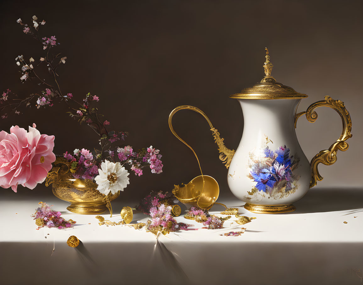 Elegant white and gold teapot with cup and flowers on reflective surface