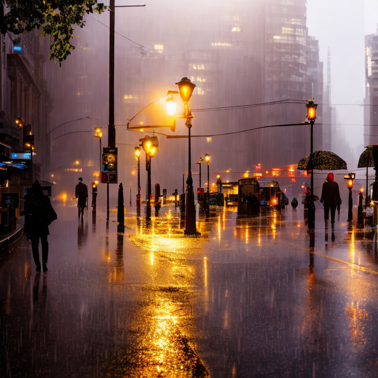 Rainy city street at dusk with glowing streetlights and silhouetted pedestrians with umbrellas.