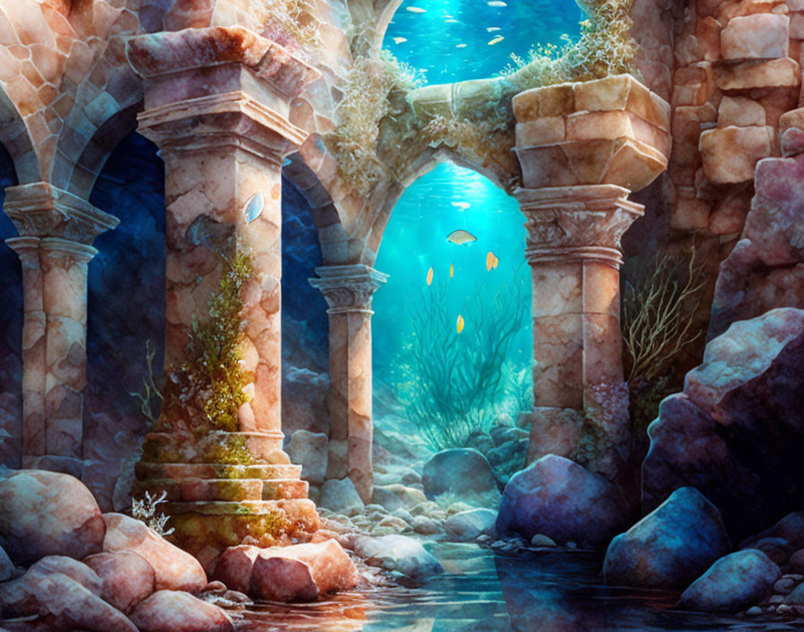 Sunken ruins and algae-covered archways in tranquil underwater scene