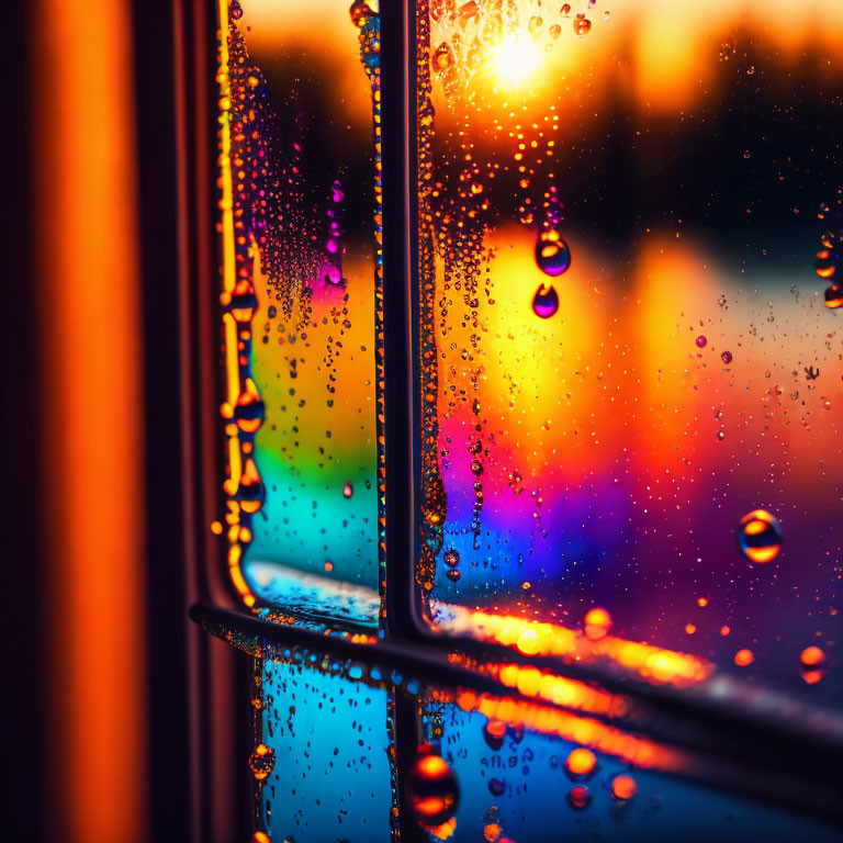 Rain-speckled window frames colorful sunset backdrop