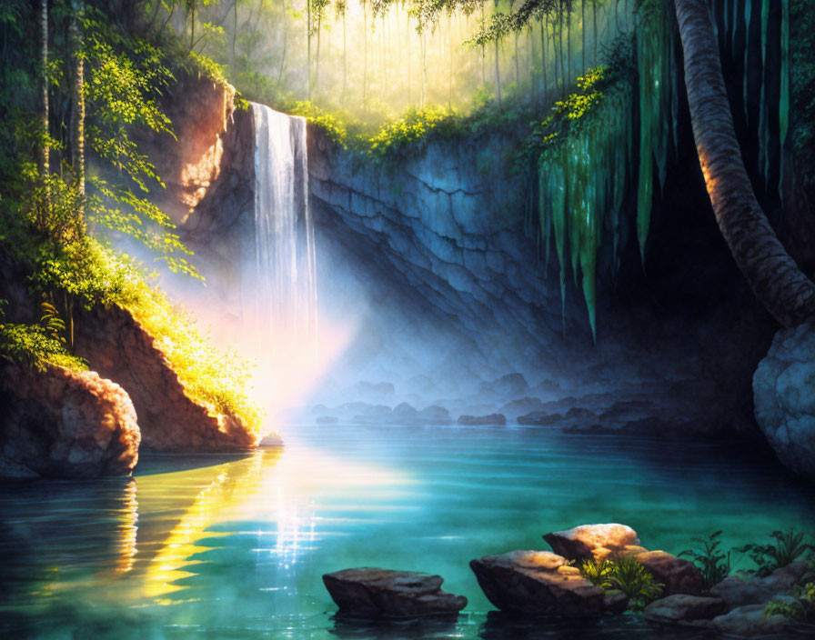 Tranquil waterfall scene in lush forest with sunlit pool