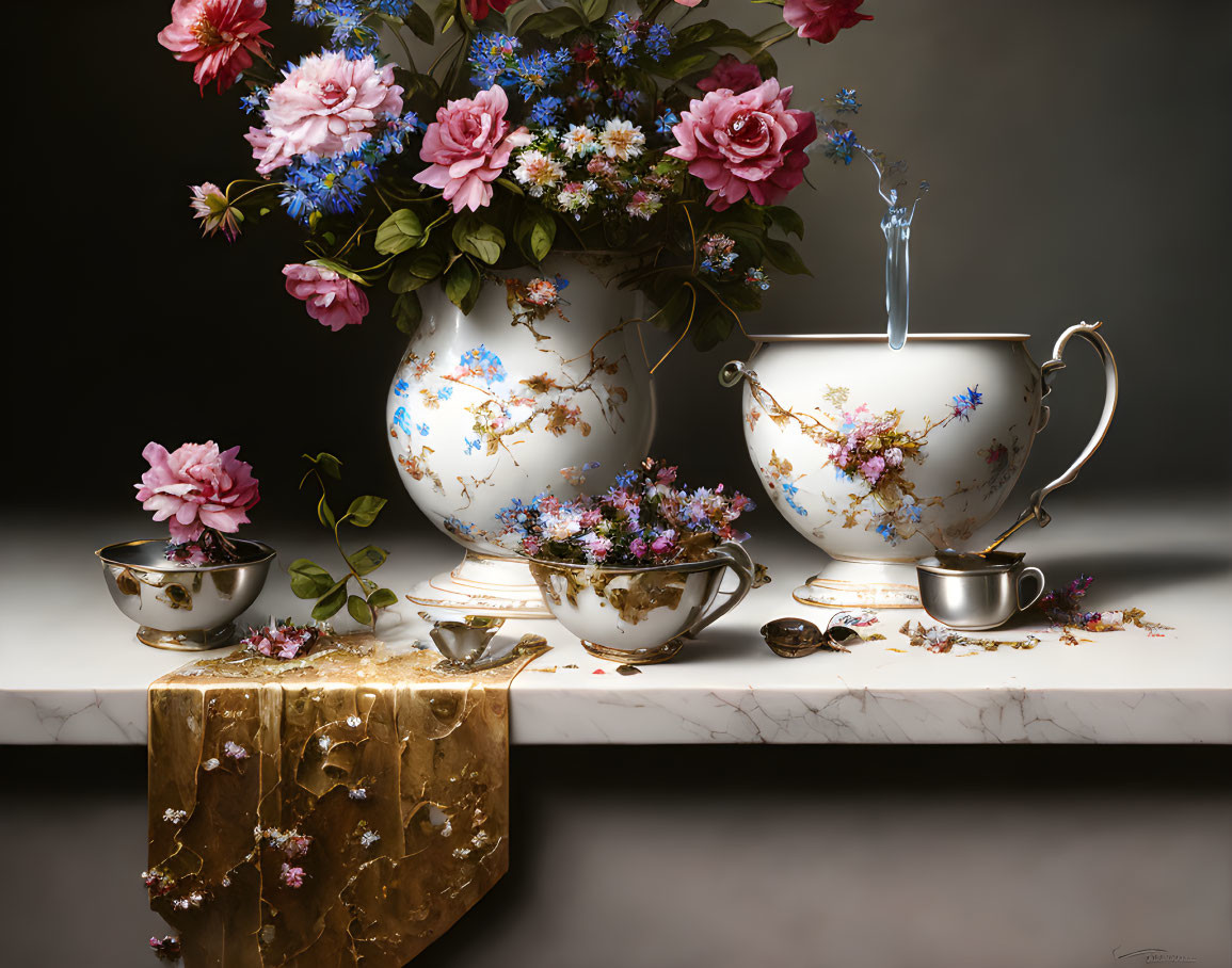 Floral arrangement in porcelain vase with teapot and cups on marble table