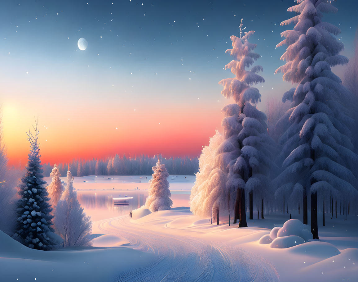 Snow-covered trees, pink sky, frozen lake: Serene winter dusk scene.