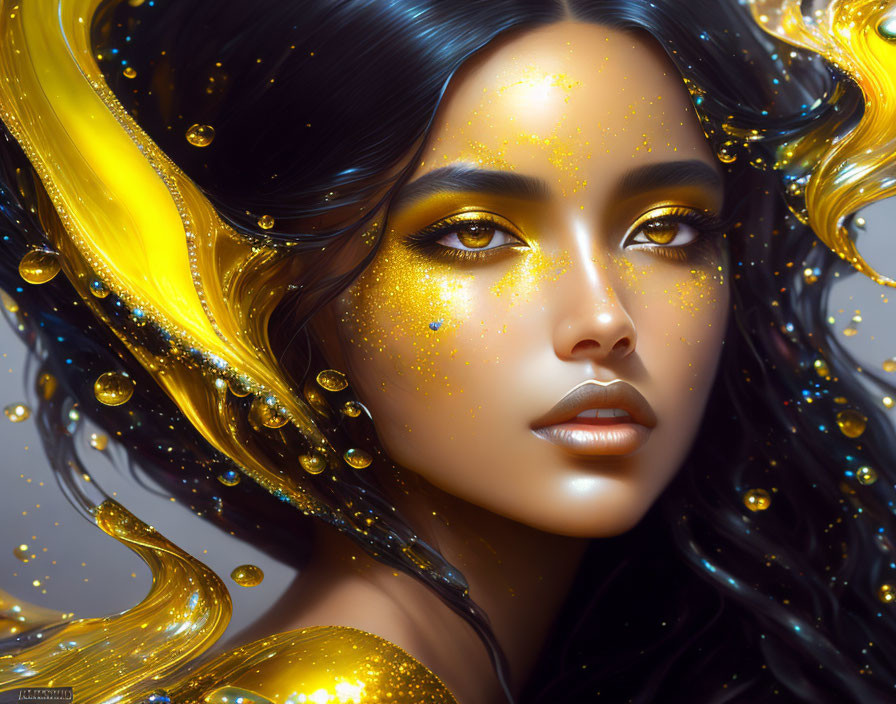 Digital artwork of woman with flowing black hair and golden glitter makeup