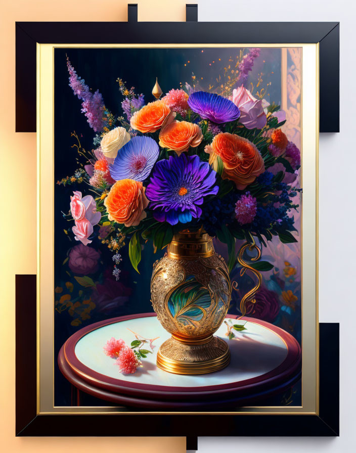 Colorful flower bouquet in vase on plate with dark background frame.