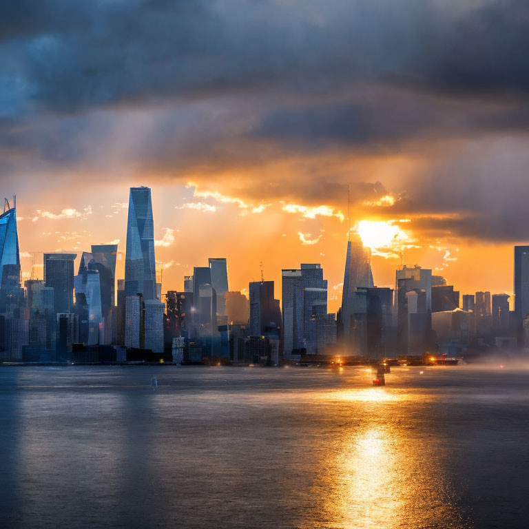 City skyline at sunset with dramatic sunlight rays and misty haze