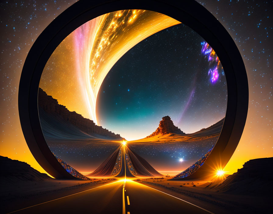 Desert road leading to cosmic portal in surreal image