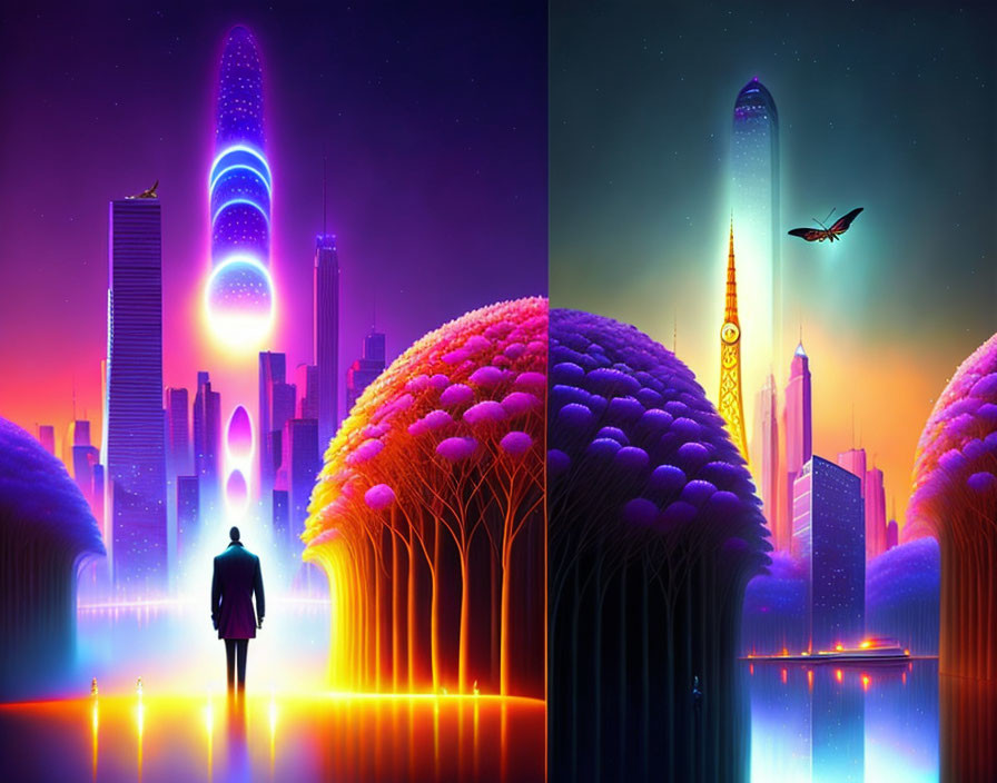 Split-image comparison: Futuristic cityscapes at dusk with skyscrapers, vibrant colors, silhouette