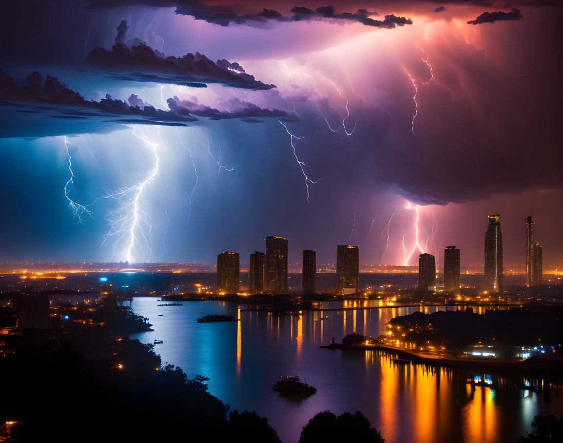 Night cityscape with lightning strikes over river and high-rise buildings