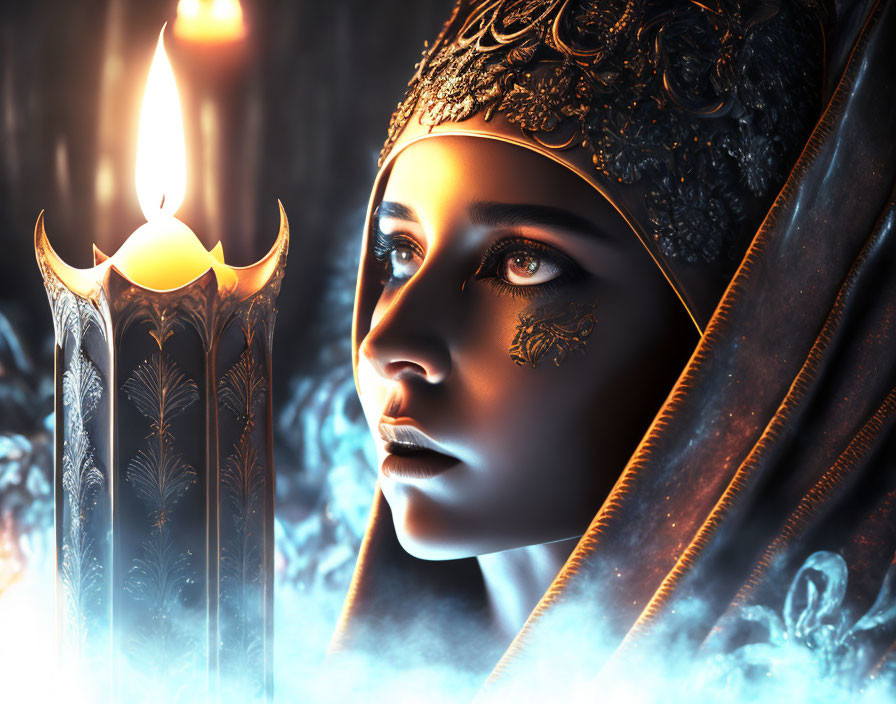 Woman in decorative headdress gazes at candle flame in icy setting