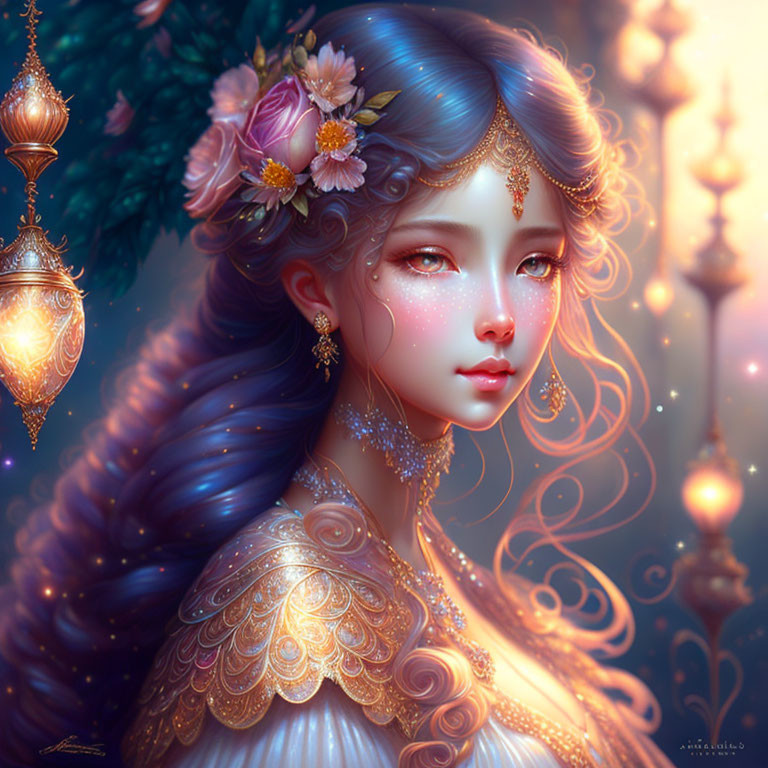 Blue-haired female with floral hair accessories and lanterns in a mystical setting