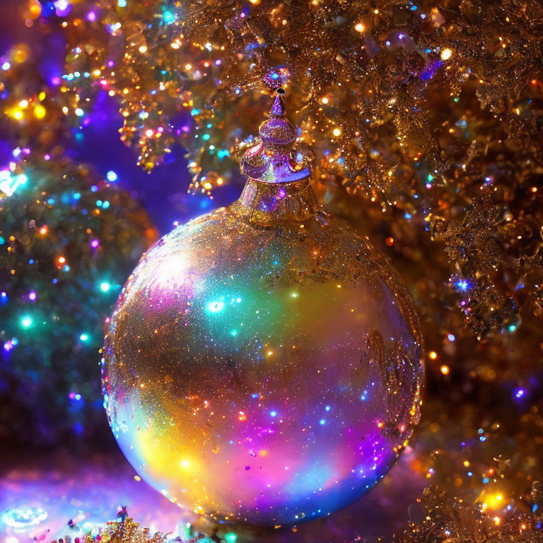 Colorful Christmas ornament surrounded by twinkling lights and gold glitter