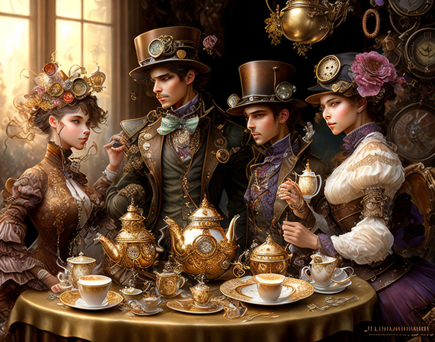 Victorian steampunk couples at lavish tea setting