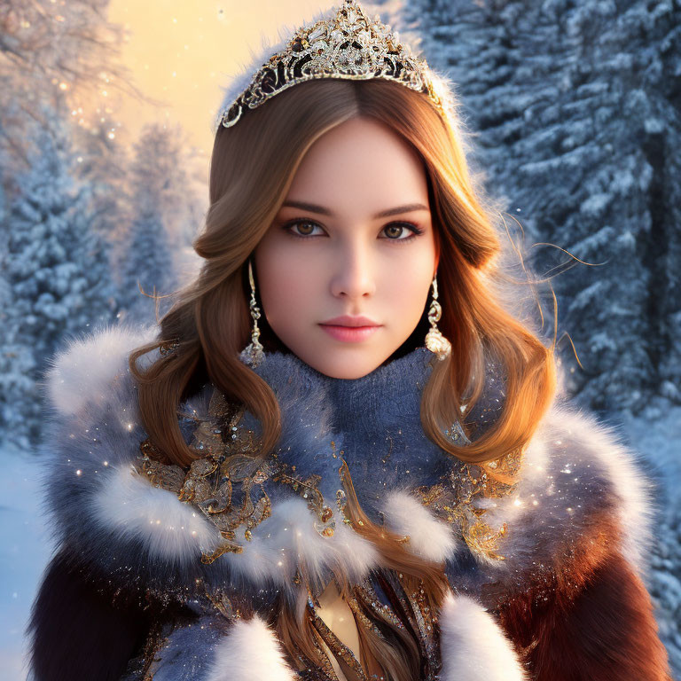 Regal woman with crown and fur-lined cloak in snowy forest