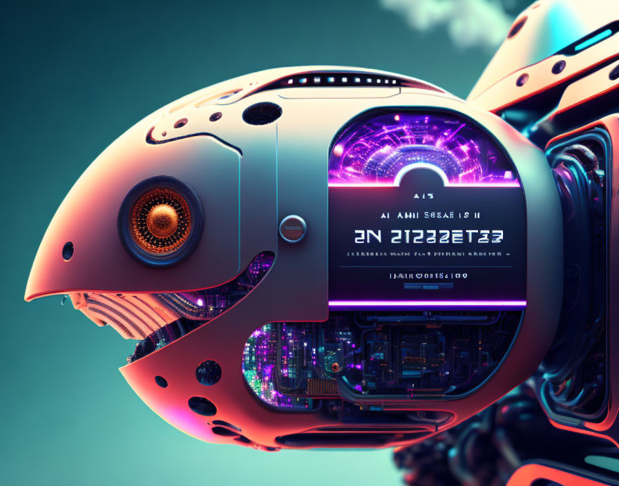 Futuristic robot head with intricate circuitry and neon lights on teal background