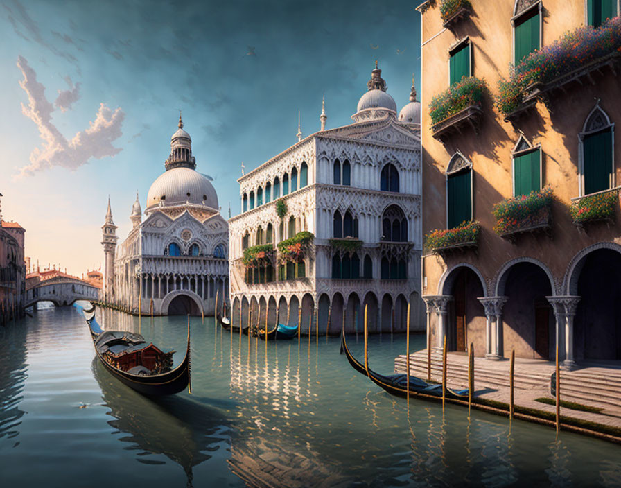 Venetian Canal with Gondola and Historic Buildings