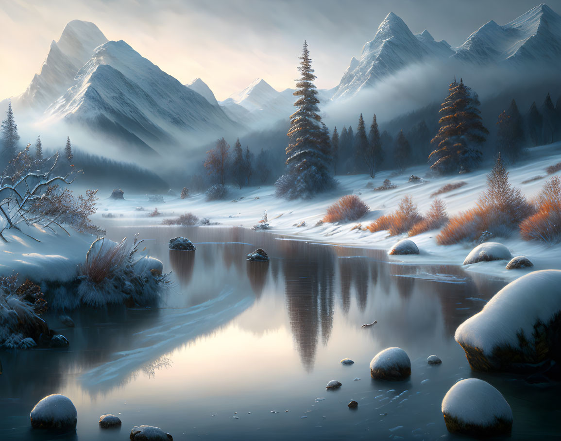 Tranquil winter landscape with snowy trees, river, and misty mountains